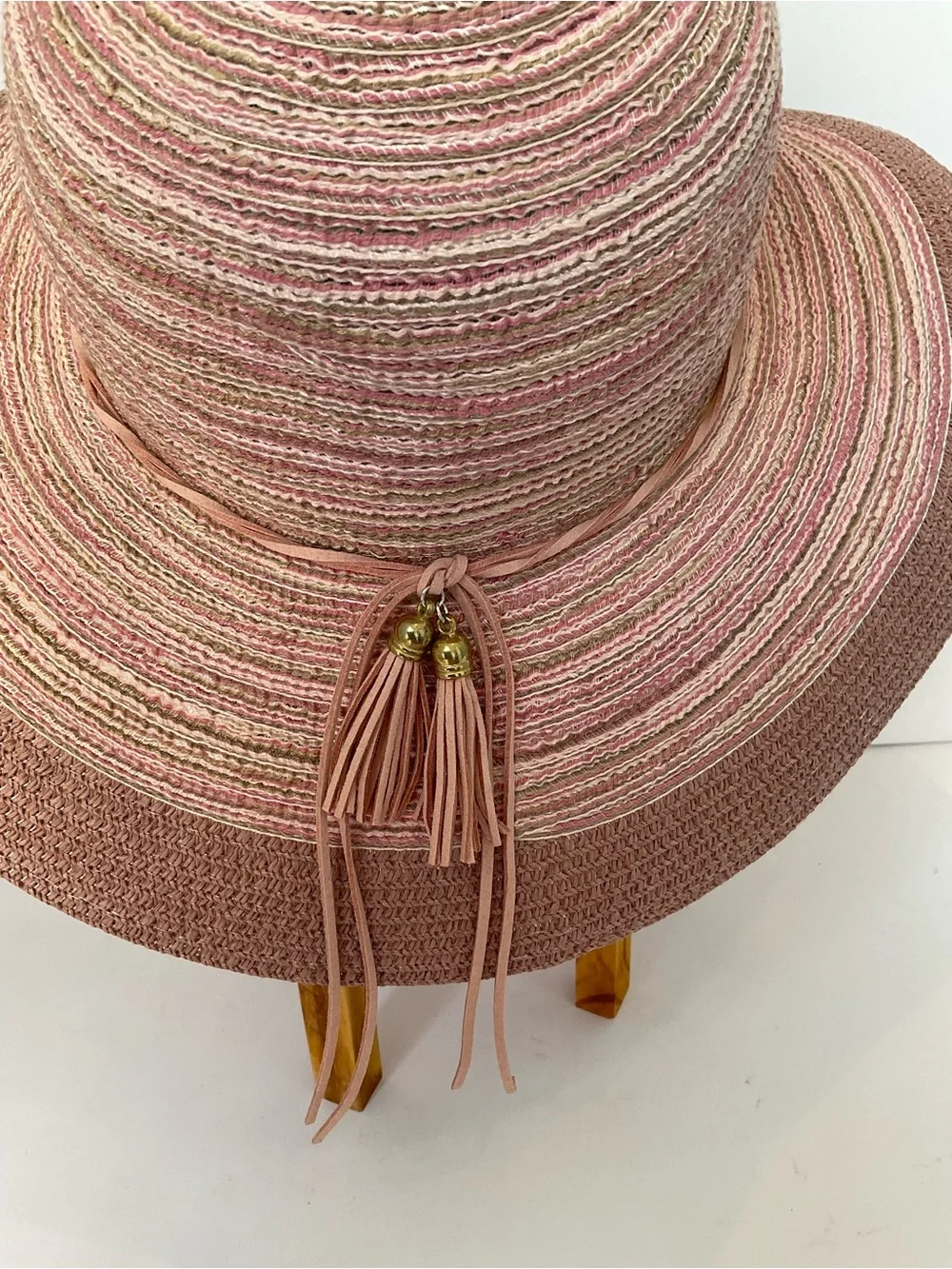 Women's Dusty Pink Straw Wide Brim Sun Hat with Tassel Accent